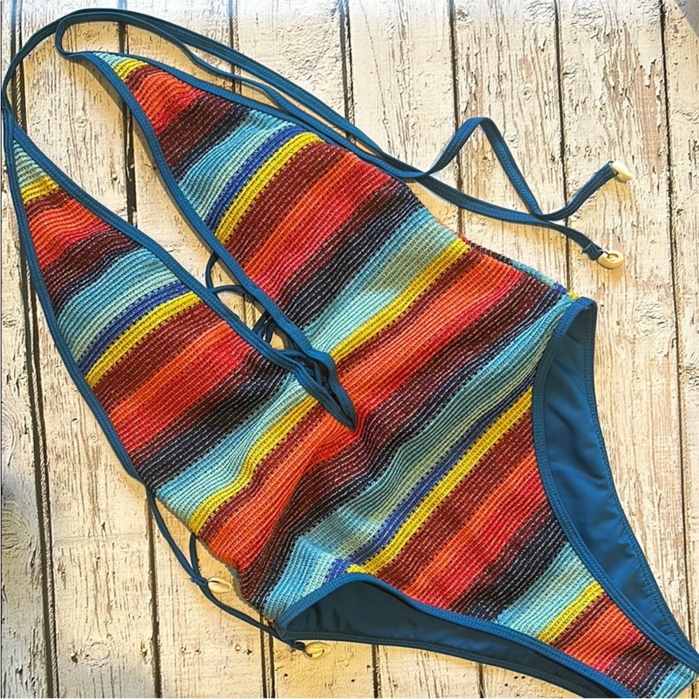 Vibrant Colorful One Piece Swimsuit with Halter Neck and Seashell details
